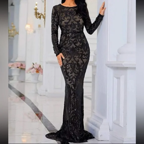 Luxe long sleeve party prom wedding sequins dress